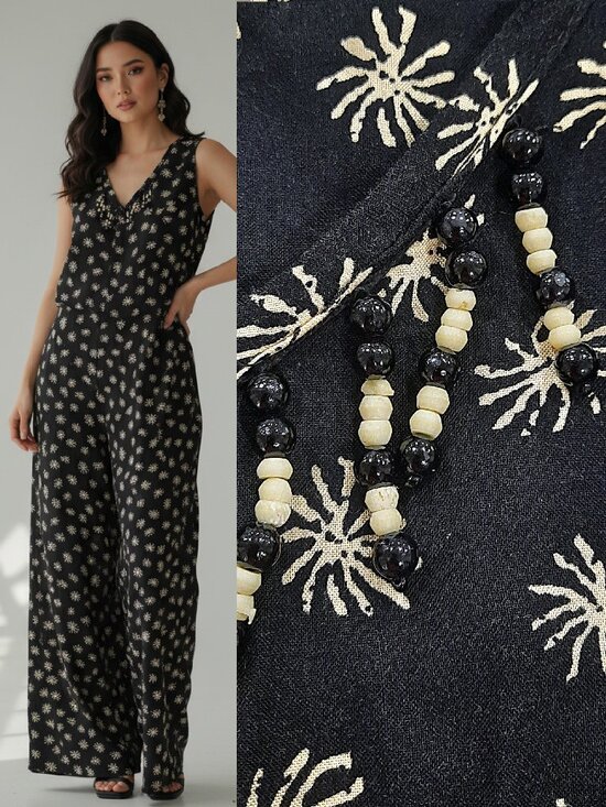 Vintage Pants - Vtg 90s beaded wide leg jumpsuit - Debra Martin brand
